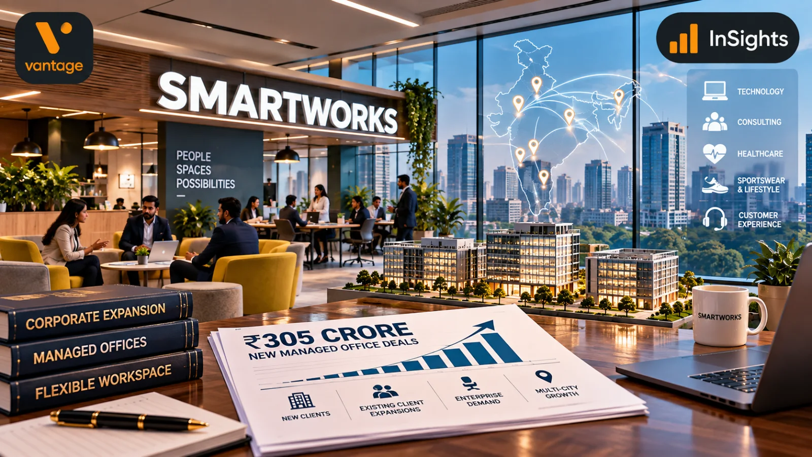 Smartworks managed office showing ₹305 crore in new corporate contracts, enterprise client expansion and multi-city flexible workspace demand in India.