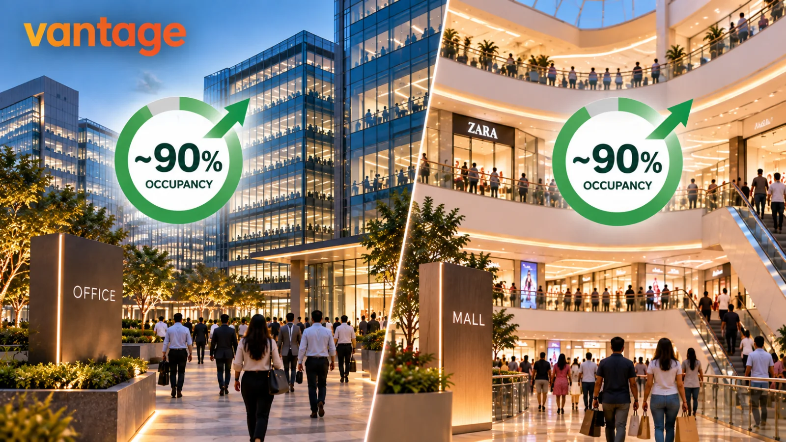 India office and Grade A mall occupancy approaching 90% by March 2027, illustrating strong commercial real-estate demand and the challenge of absorbing new office and mall supply.