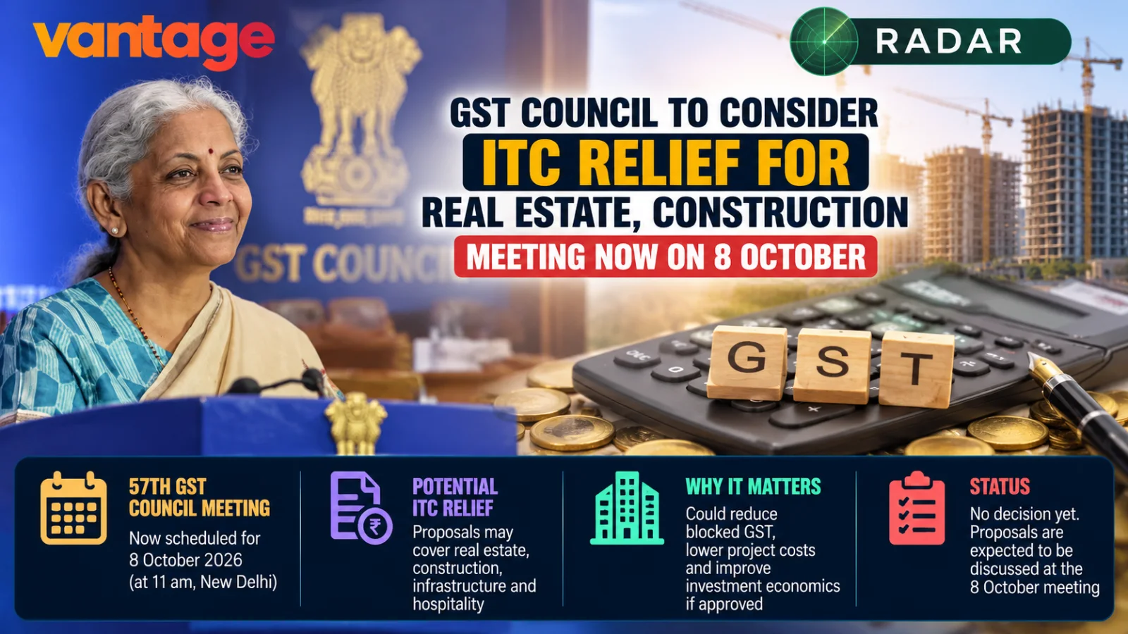 GST ITC relief real estate analysis showing Indian construction, Parliament and project finance, examining how potential input tax credit changes could affect development costs and investment returns ahead of the 8 October 2026 GST Council meeting.