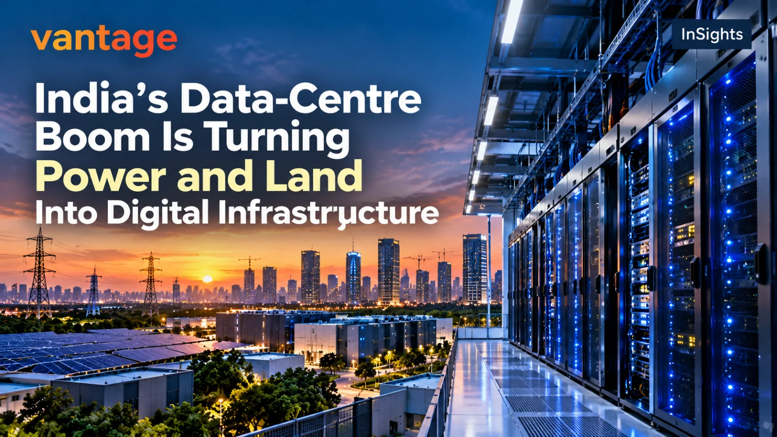 Data-centre servers overlooking an Indian city with power lines and solar panels, illustrating how power and land are becoming critical to digital infrastructure growth.