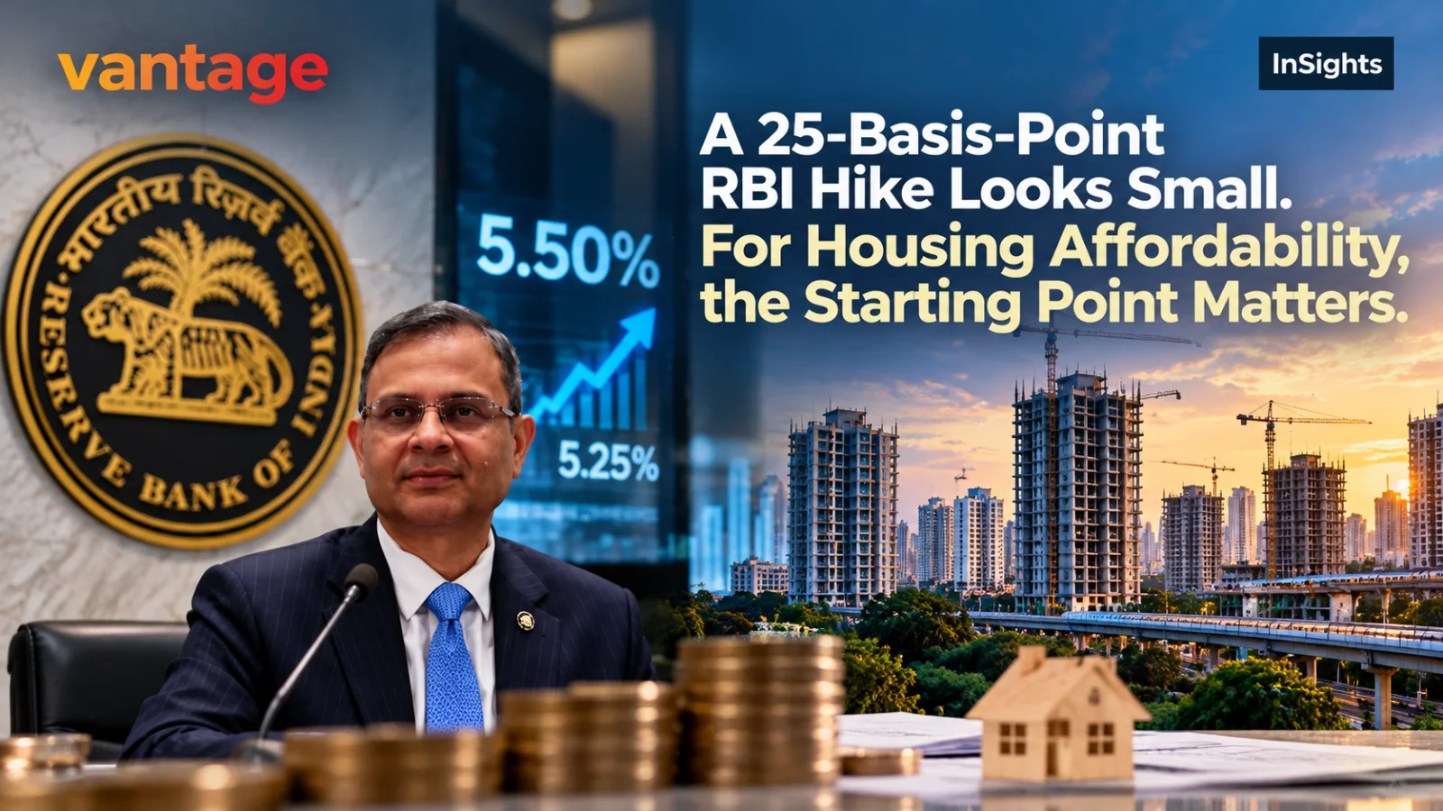 RBI policy imagery with a 5.50% interest-rate graphic, residential construction, coins and a model home illustrating the effect of higher borrowing costs on Indian housing affordability.