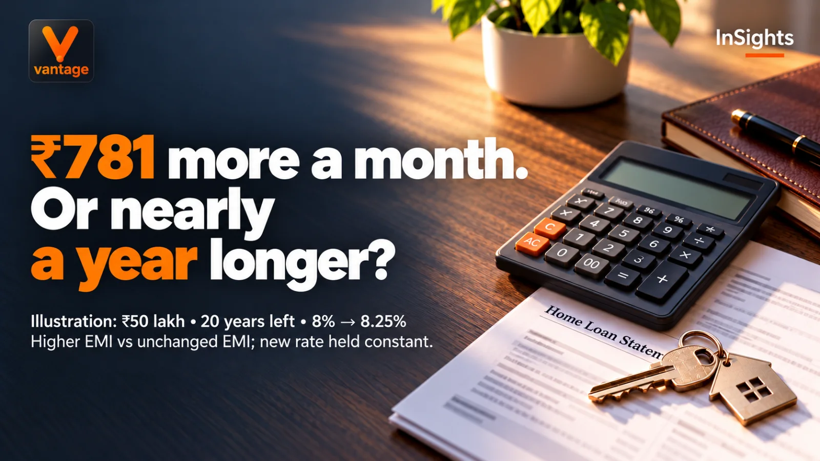 Calculator and house keys beside a loan statement, illustrating the choice between paying ₹781 more monthly or extending an example home loan by nearly a year.