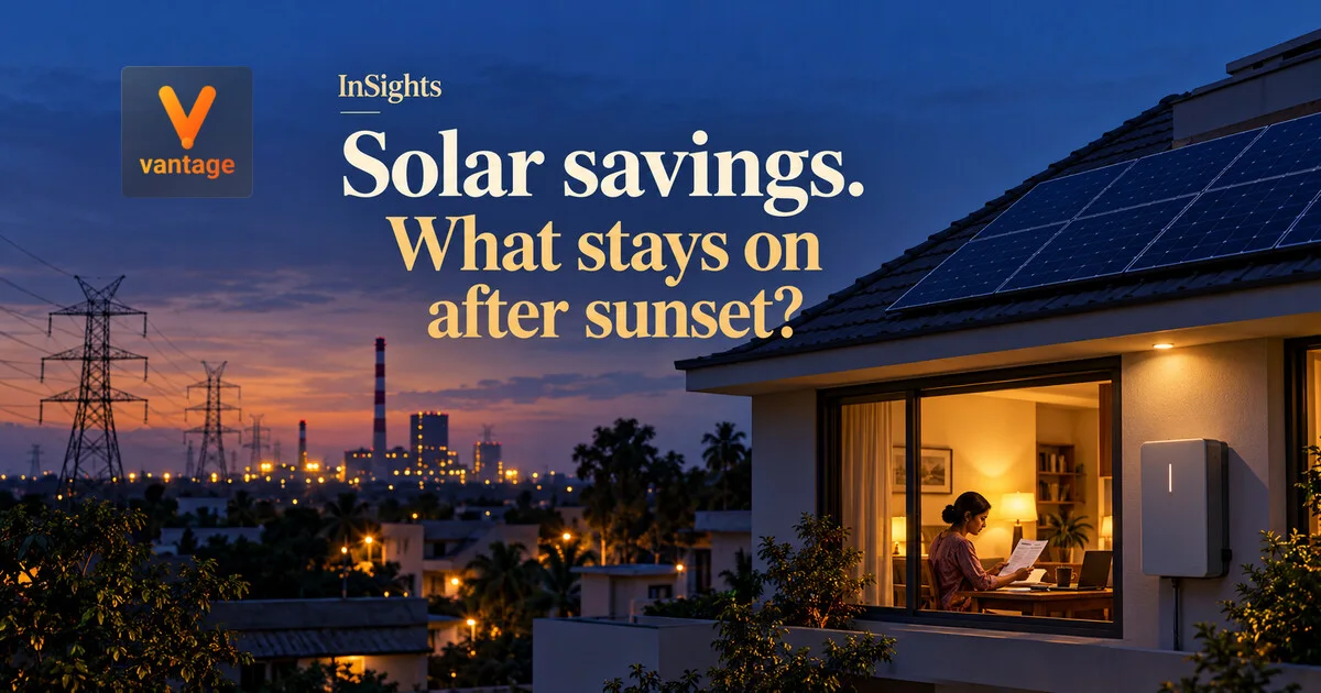 Solar-equipped home at dusk with “InSights” and “Solar savings. What stays on after sunset?” text.