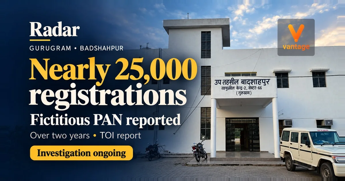 Badshahpur tehsil office behind a Radar banner reporting nearly 25,000 registrations linked to a fictitious PAN, with the investigation ongoing.