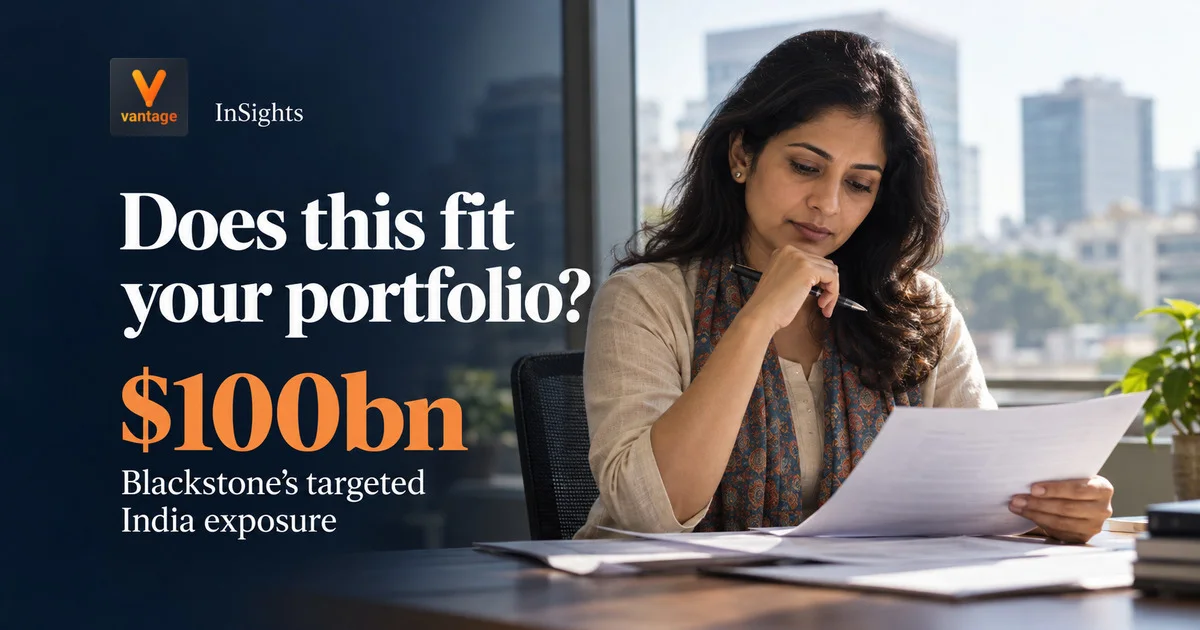 Woman reviewing documents beside “Does this fit your portfolio?” and Blackstone’s $100bn targeted India exposure.