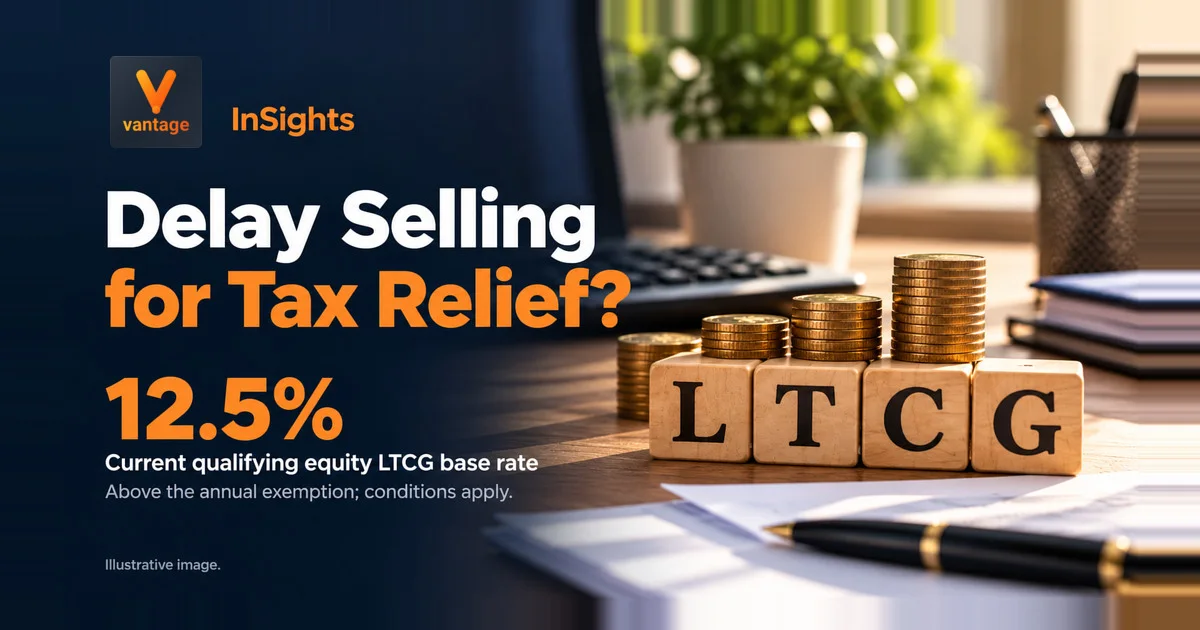 LTCG blocks and coin stacks beside “Delay Selling for Tax Relief?” with the current 12.5% qualifying equity LTCG base rate.