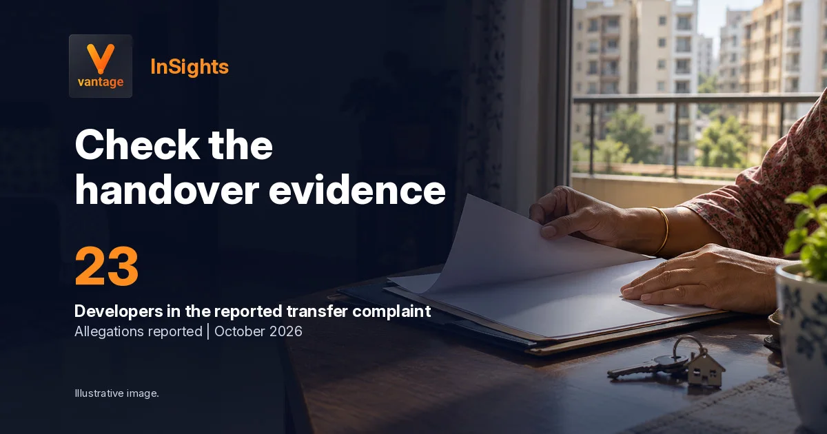 Illustrative hands reviewing housing documents beside the InSights hook Check the handover evidence and 23 developers in the reported complaint.