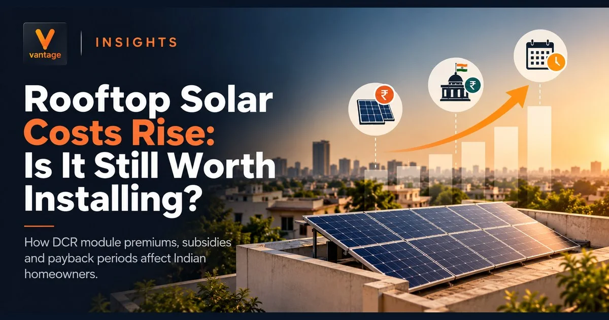 Rooftop solar panels in India with rising installation costs, DCR module premiums, government subsidies and payback period considerations.