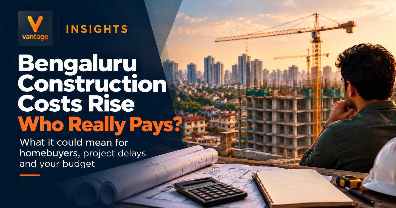 Bengaluru homeowner overlooking a residential construction site with building plans, calculator and budget checklist as construction costs rise.