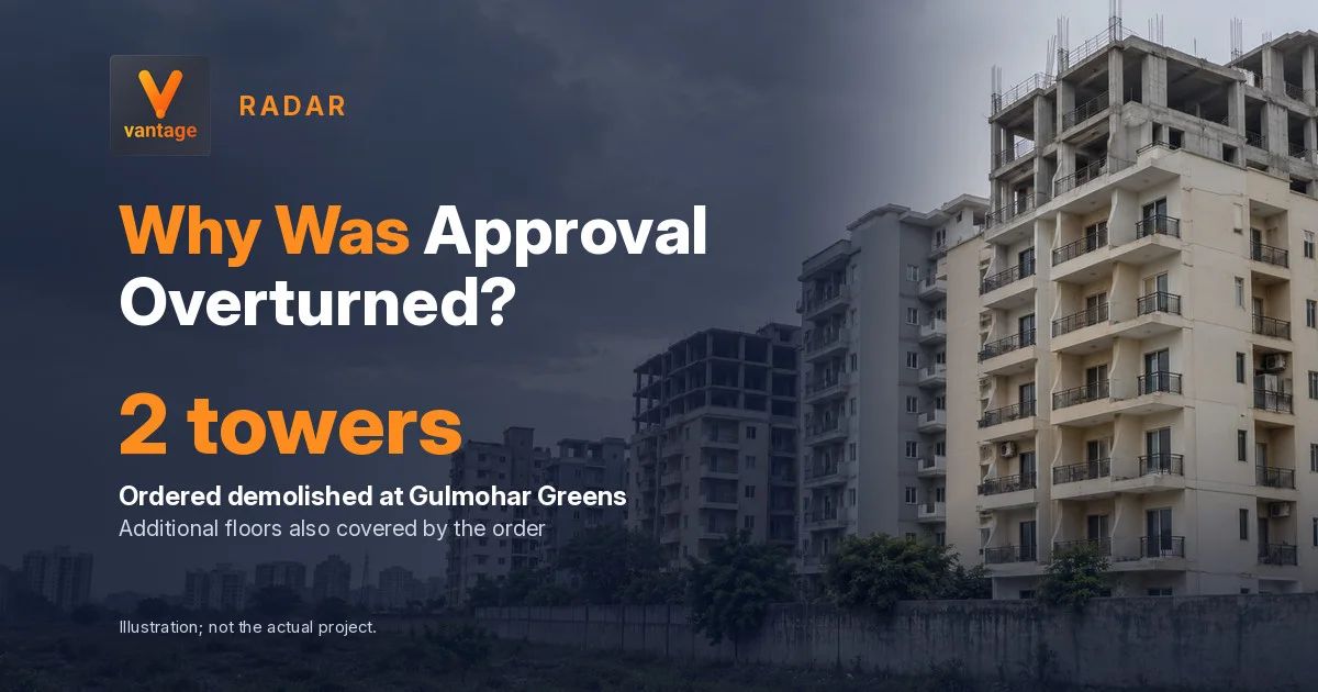 partment buildings with unfinished upper floors illustrate the Gulmohar Greens demolition order in Ghaziabad after the court overturned a construction approval.