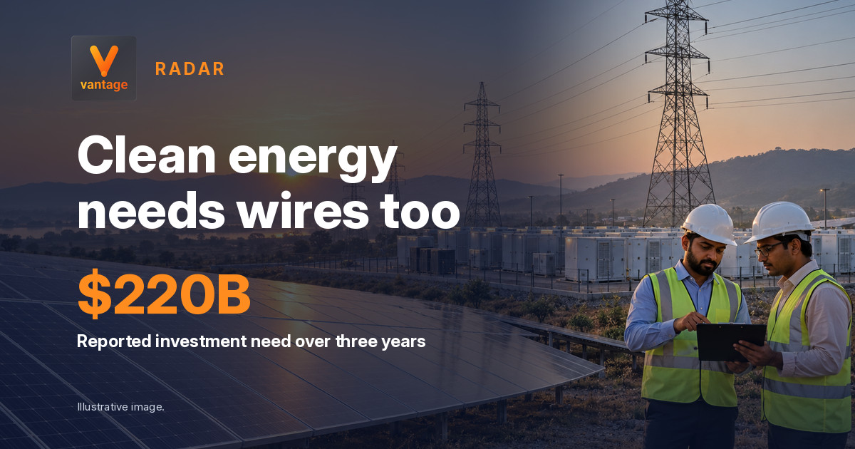 Indian engineers beside solar panels and power lines reviewing clean-energy grid infrastructure